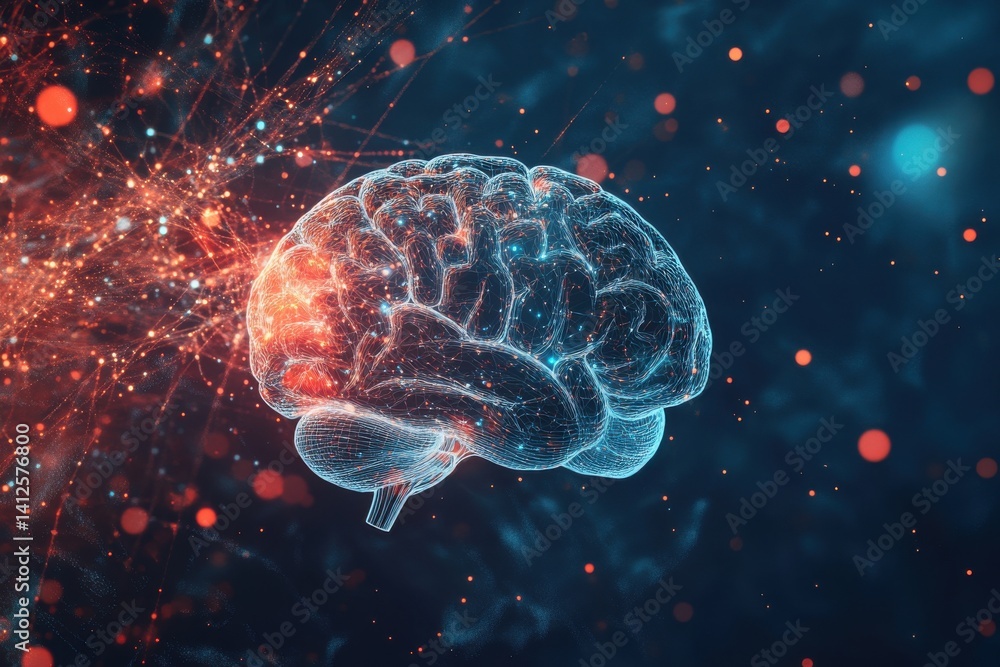 Poster a glowing brain with red and blue light surrounded by bokeh against a dark background in a digital r