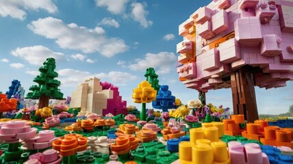 Bright and unusual spring landscape: blooming fields, green grass, vibrant flowers, and sunny skies creating an atmosphere of freshness and nature.