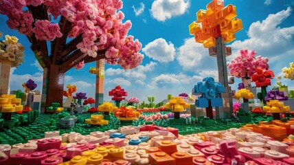Bright and unusual spring landscape: blooming fields, green grass, vibrant flowers, and sunny skies creating an atmosphere of freshness and nature.