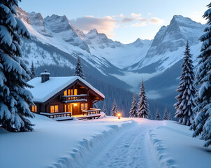 Fototapeta premium Snowy Mountain Retreat, A Cozy Cabin Nestled Amidst Winter Wonderland Scenery with Towering Peaks and Pristine Snow-Covered Evergreens in Serene Ambiance