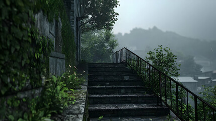 Fototapeta premium Rainy Stone Steps Leading To An Asian Village