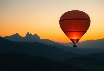 Fototapeta premium Sunset illuminates hot air balloon silhouetted against majestic mountain peaks, hazy sky, vista, highlands