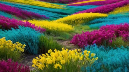 Bright and unusual spring landscape: blooming fields, green grass, vibrant flowers, and sunny skies creating an atmosphere of freshness and nature.