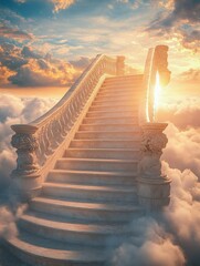 Obraz premium Stairway to Celestial: A serene stairway ascends towards a radiant, sunlit sky, amidst a sea of fluffy clouds. An image suggesting aspiration and hope, evoking peace and ethereal beauty.