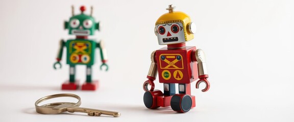 Fototapeta premium Classic wind-up tin robot toy, key included, white background, memory, classic toy