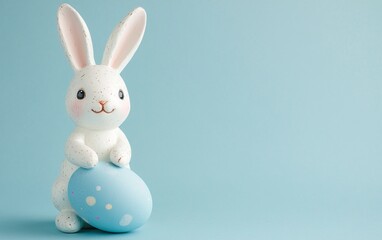 Fototapeta premium Photo of a white Easter bunny sitting on a blue egg, isolated on a pastel background, with copy space for text. Stock photo contest winner, Easter theme, pastel colors, high resolution, very detailed,