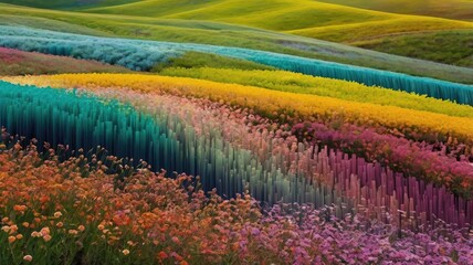 Bright and unusual spring landscape: blooming fields, green grass, vibrant flowers, and sunny skies creating an atmosphere of freshness and nature.