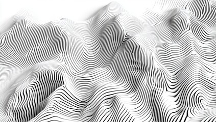 Abstract black and white undulating lines forming a 3D landscape