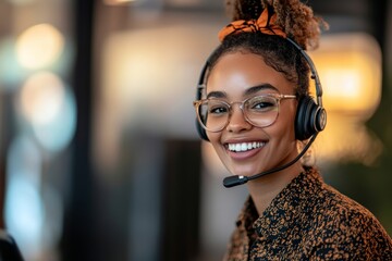 diverse customer service representative wearing a headset, smiling while assisting a client over the phone, in a bright and modern call center