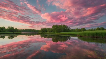 Bright and unusual spring landscape: blooming fields, green grass, vibrant flowers, and sunny skies creating an atmosphere of freshness and nature.