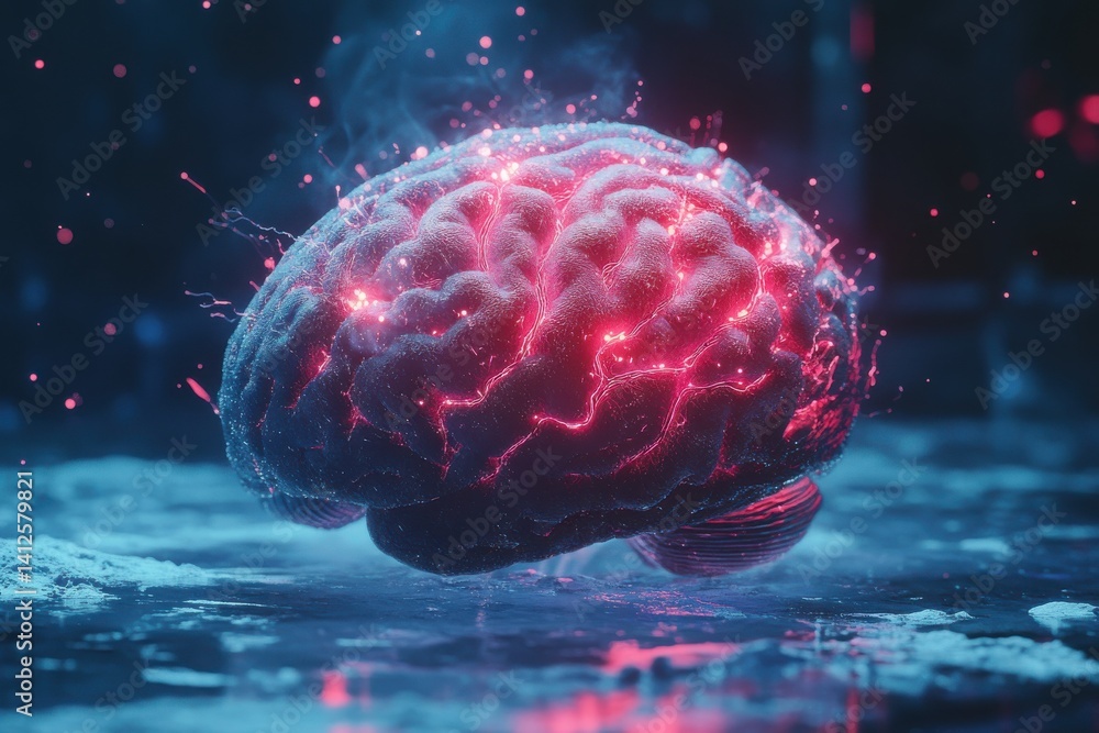 Poster a glowing brain with red veins resting on a reflective surface in a dark and mysterious environment