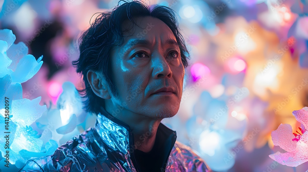 Poster man in reflective jacket surrounded by colorful lights generative ai