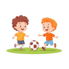 Two cheerful children playing soccer on a grassy field, enjoying outdoor sports and friendship.
