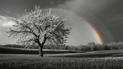 Bright and unusual spring landscape: blooming fields, green grass, vibrant flowers, and sunny skies creating an atmosphere of freshness and nature.
