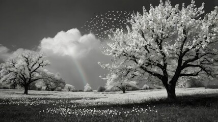 Bright and unusual spring landscape: blooming fields, green grass, vibrant flowers, and sunny skies creating an atmosphere of freshness and nature.
