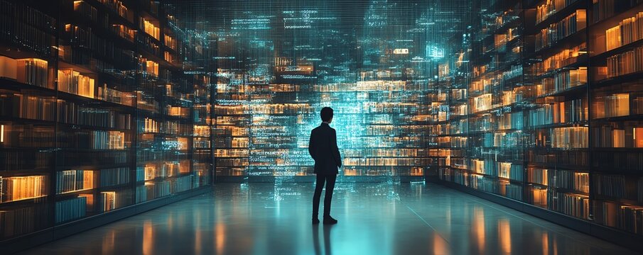 Silhouette of person in vast digital library.
