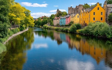 Fototapeta premium The colorful houses along the River Desay in Edinburgh, Scotland, with trees and greenery on both sides of the river.
