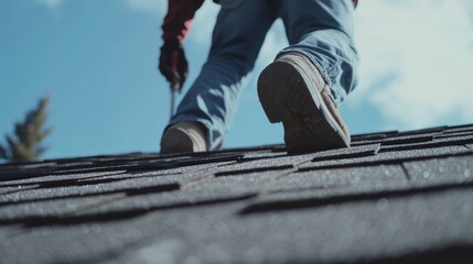 Roofing worker laying shingles on a steep roof. Featuring skill and safety
