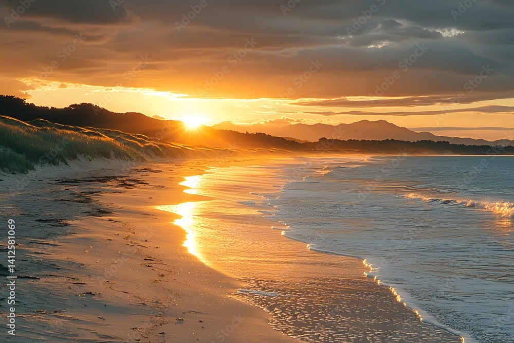 Poster sunset over a tranquil beach with gentle waves generative ai