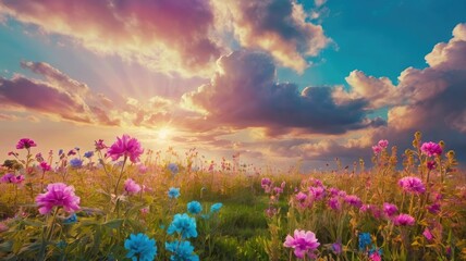 Bright and unusual spring landscape: blooming fields, green grass, vibrant flowers, and sunny skies creating an atmosphere of freshness and nature.