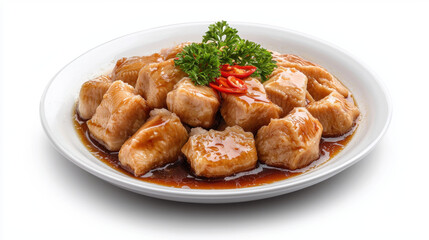 Fototapeta premium Delicious and tender meat pieces in savory sauce, garnished with fresh herbs and chili, creating appetizing dish