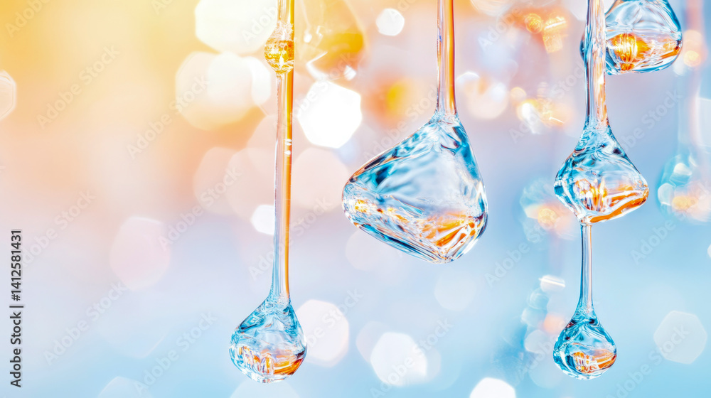 Poster abstract macro: hanging water drop ornaments with reflection on bokeh, spring/summer concept for pri
