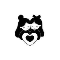 Two girls embrace, symbolizing love and friendship, with a heart shape connecting them. Ideal for concepts of companionship and affection.