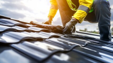 Roofing worker repairing a leaking roof with tar. Featuring care and precision
