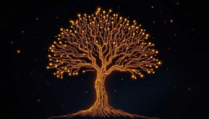 Glowing Circuit Tree Create an illustration of a tree composed of glowing circuit like branches and leaves, set against a dark, starry background.