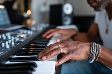 Obraz premium A talented musician skillfully plays a keyboard in their cozy home studio, capturing the essence of creativity and passion for music through their focused expression and technique.