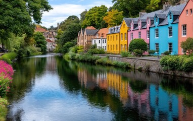 Obraz premium The colorful buildings are among the best things to do in Edinburgh. The city features a river running through town, surrounded by greenery and trees