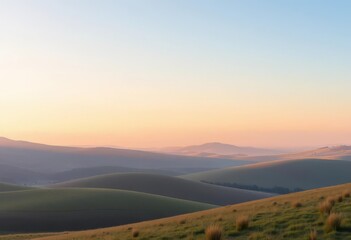 Soft light bathes rolling hills, pastel sky reflects on tranquil fields, summer, color wash