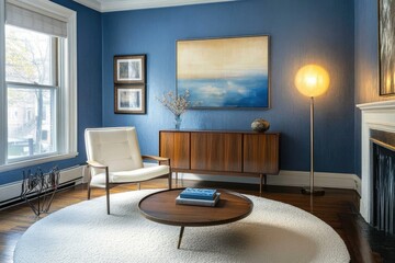 A cozy living room with a white armchair, a round coffee table, a wooden cabinet, a floor lamp, and a blue wall with artwork