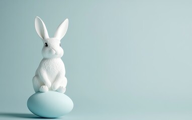 Fototapeta premium Photo of a white Easter bunny sitting on a blue egg, isolated on a pastel background, with copy space for text. Stock photo contest winner, Easter theme, pastel colors, high resolution, very detailed,