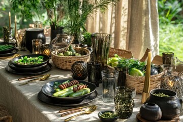 A table set for a summer dinner party with a rustic, natural aesthetic, featuring black plates, wooden accents, fresh greenery, and candles