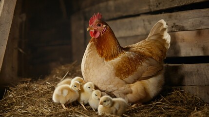 Light brown hen sitting on a straw nest in a cozy chicken coop, nurturing and protecting her adorable baby chicks, highlighting the beauty of organic farming practices and rural life