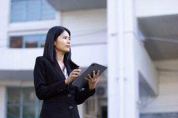 Future remote work combines technology smart phone digital business woman enable e-learning...