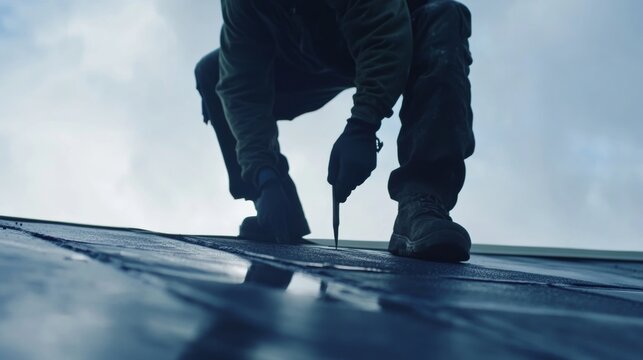Roofing worker sealing the roof with weatherproof materials. Featuring attention to detail and expertise