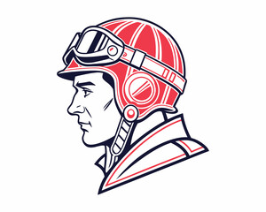 A bold, stylized graphic profile of a man wearing a vintage-inspired red motorcycle helmet with goggles.