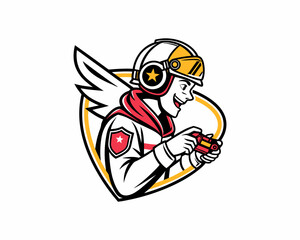 A stylized, profile view of a young male gamer, wearing a red hooded jacket, baseball cap, and headphones.