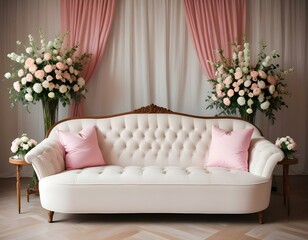 wedding decor with classic retro sofa and white, pink flowers