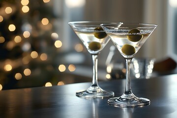 Enjoying classic martinis with shimmering olives during a summer evening. Generative AI