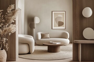 A minimalist living room with a cream couch, a round coffee table, and a large abstract painting on the wall