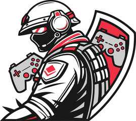 A stylized illustration of a gamer character, reminiscent of a soldier, holding a game controller and a shield with another controller. © MST. THAMIN BEGUM