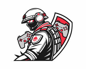 A stylized illustration of a gamer character, reminiscent of a soldier, holding a game controller and a shield with another controller. © MST. THAMIN BEGUM