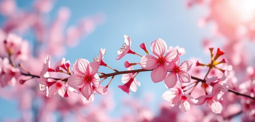 Obraz premium Delicate pink sakura blossoms on a branch, soft sunlight filtering through petals, flower photography, flora