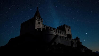 Obraz premium Ancient stone castle silhouetted against a starlit night sky, old, turrets