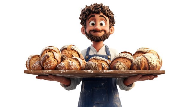 Png of A cheerful male baker with curly hair proudly presents a wooden tray filled with freshly baked loaves of bread.