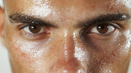 Intense Gaze: Close-Up of a Sweating Handsome Man