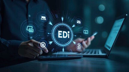 EDI Concept. Businessman touching on EDI icons, global data transfer, digital security, information paperwork exchange in business context,